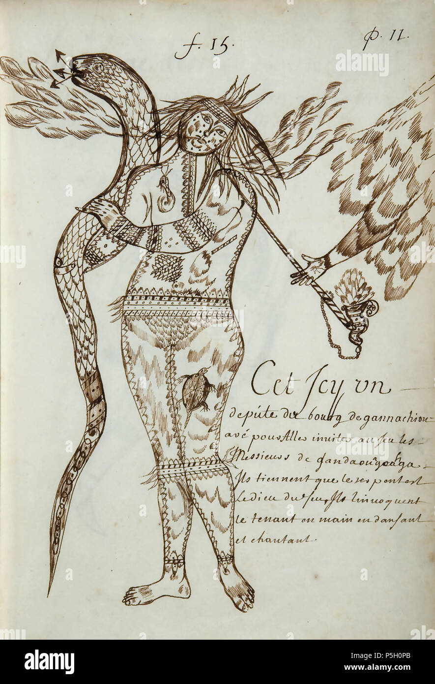 N/A. Français : Codex canadensis, p. 11 C'est Icy onu / deputé du Bourg de gannachiou = / aré pour Aller inviter au Jeu les / Messieurs de gandaouagoahga - / Ils tiennent que le serpent est / le dieu du feu. Ils linvoquent / le inquilino principale en en dansant / et chantant inglese: questo è un rappresentante inviato dal villaggio di Gannachiou-aé di invitare i colleghi di Gandaouagoahga ad un gioco. Essi ritengono che il serpente è il dio del fuoco. Essi invocano Dio tenendo premuto il serpente nelle loro mani mentre danzando e cantando, circa 1675-82. Louis Nicolas (1634 - ca. 1682) 362 Codex canadensis, p. 11 Foto Stock