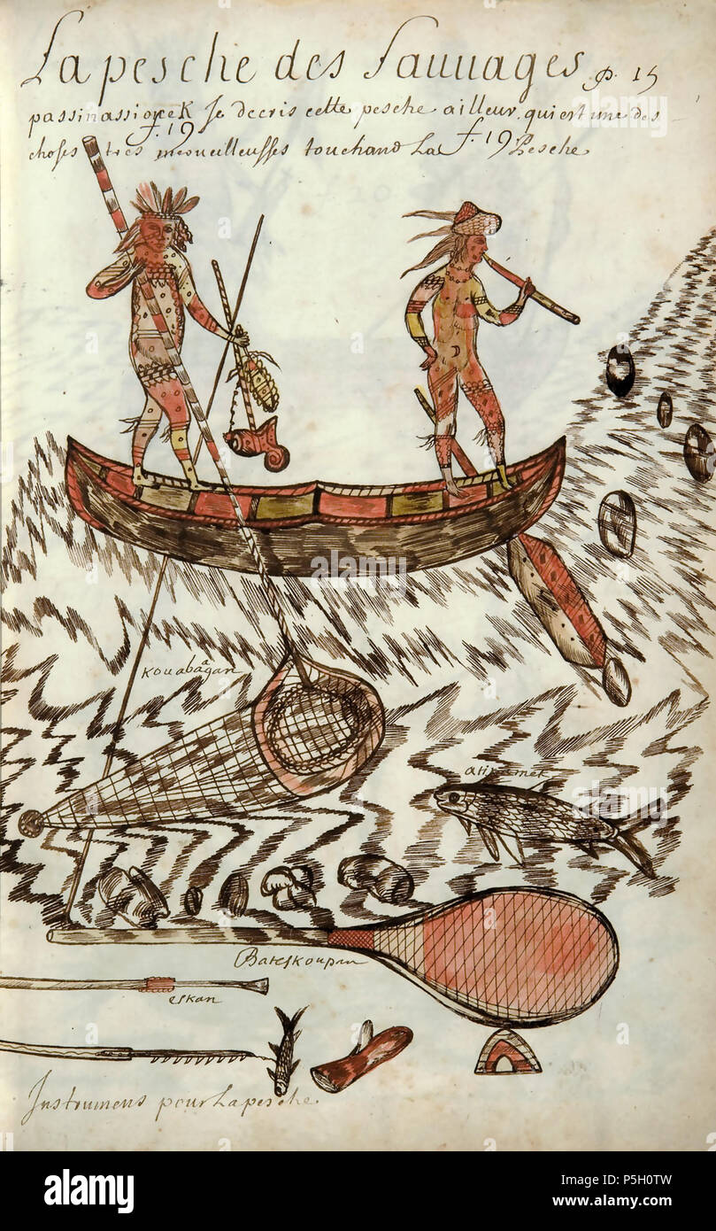 N/A. Français : Codex canadensis, p. 15 La pesche des Sauvages / passinassiouek Je decris cette pesche ailleur qui est une des choses / tres merveilleusses touchand La Pesche kouabaaoan atikamek Bateskoupan eskan Instrumens pour la pesche inglese: Pesca dalla Passinassiouek. Ho descrivere questa pesca altrove; è una delle cose meravigliose in materia di attività di pesca. Kouabaagan Atikamek Bateskoupan Eskan Strumenti per la pesca . circa 1675-82. Louis Nicolas (1634 - ca. 1682) 362 Codex canadensis, p. 15 Foto Stock