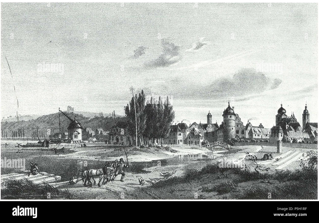 N/A. Deutsch: Lithographie Marktbreit, Franz Leinecker um 1840, urspr. Beschreibung: 'FL', 'MARKTBREIT AM MAIN', 18,7 x 11,6 cm, heute im Museum für Franken, Würzburg . Il 31 marzo 2017. Franz Leinecker 12 1 Franz Leinecker, Marktbreit Foto Stock