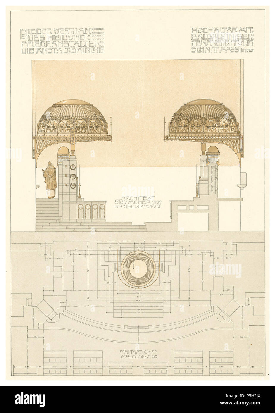 15 12 Otto Wagner-Kirche - Baumgartnerhöhe - Wagner la fascia 5. 6.und 7. *** Heft - Hochaltar mit baldacchino, Seitenansicht und Schnitt, Rasterdruck Foto Stock