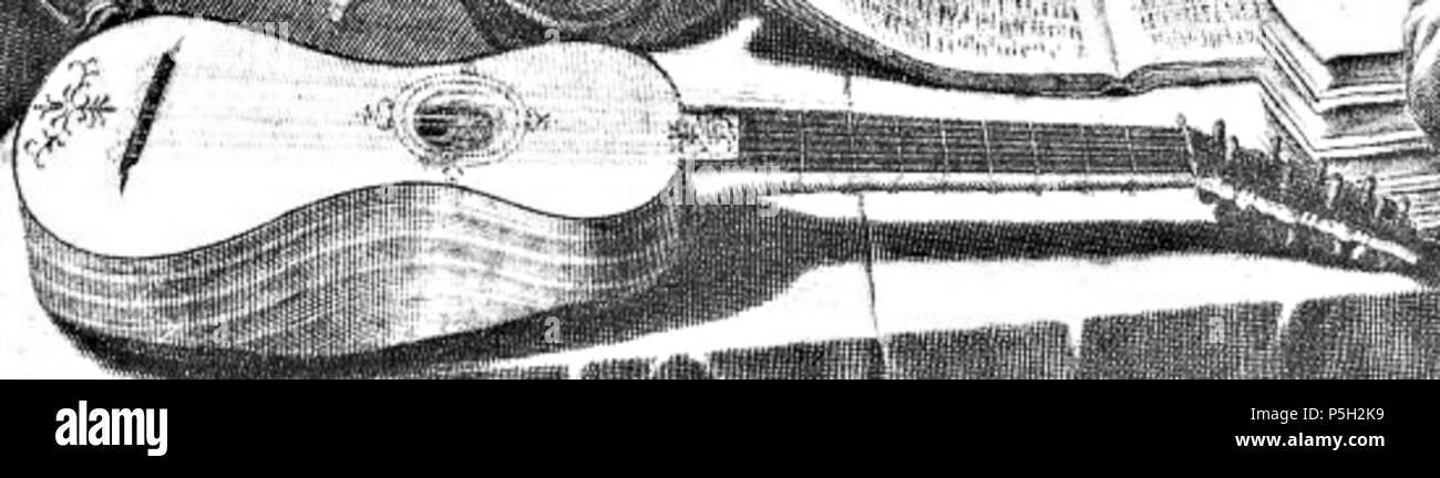 N/A. Inglese: Chitarra barocca,[1] Etienne Picart (1680) originale spagnolo didascalia sulla pagina sorgente è : "Vihuela : Grabado de Etienne Picart (1680)" Vedi anche categoria: chitarra battente. (Chitarra Italiana) per il round-back, battendo la chitarra dal epoca barocca. Riferimenti Alexander Batov (2006-04-20). Il Royal College Dias - chitarra o vihuela. (Dato parlare presso il liuto Society di Londra il 16 aprile 2005). "Un po' di piccole dimensioni con soffitto a volta retro-chitarra nella incisione di Etienne Picart (c. 1680) dopo la pittura di Leonello Spada concerto (c.1615), il Musée du Louvre, Paris" . Il 2 aprile 2005. Foto Stock