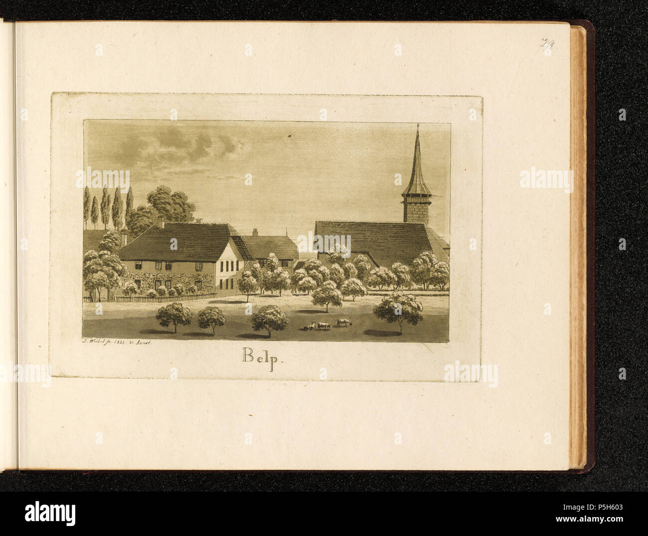 N/A. Belp; Sammlung sämmtlicher Land-Pfarreyen des cantoni Berna; [recto links unten]: S. Weibel fc. 1823. 21. Aoust [unten Mitte]: Belp.[oben rechts mit Bleistift bezeichnet]: 29; Belp, Teilansicht. Kirche; Pfarrhaus . Quota 1.823 rd secolo. Weibel, Jakob Samuel 292 CH-NB - Belp - Collezione Gugelmann - GS-GUGE-199-61 Foto Stock