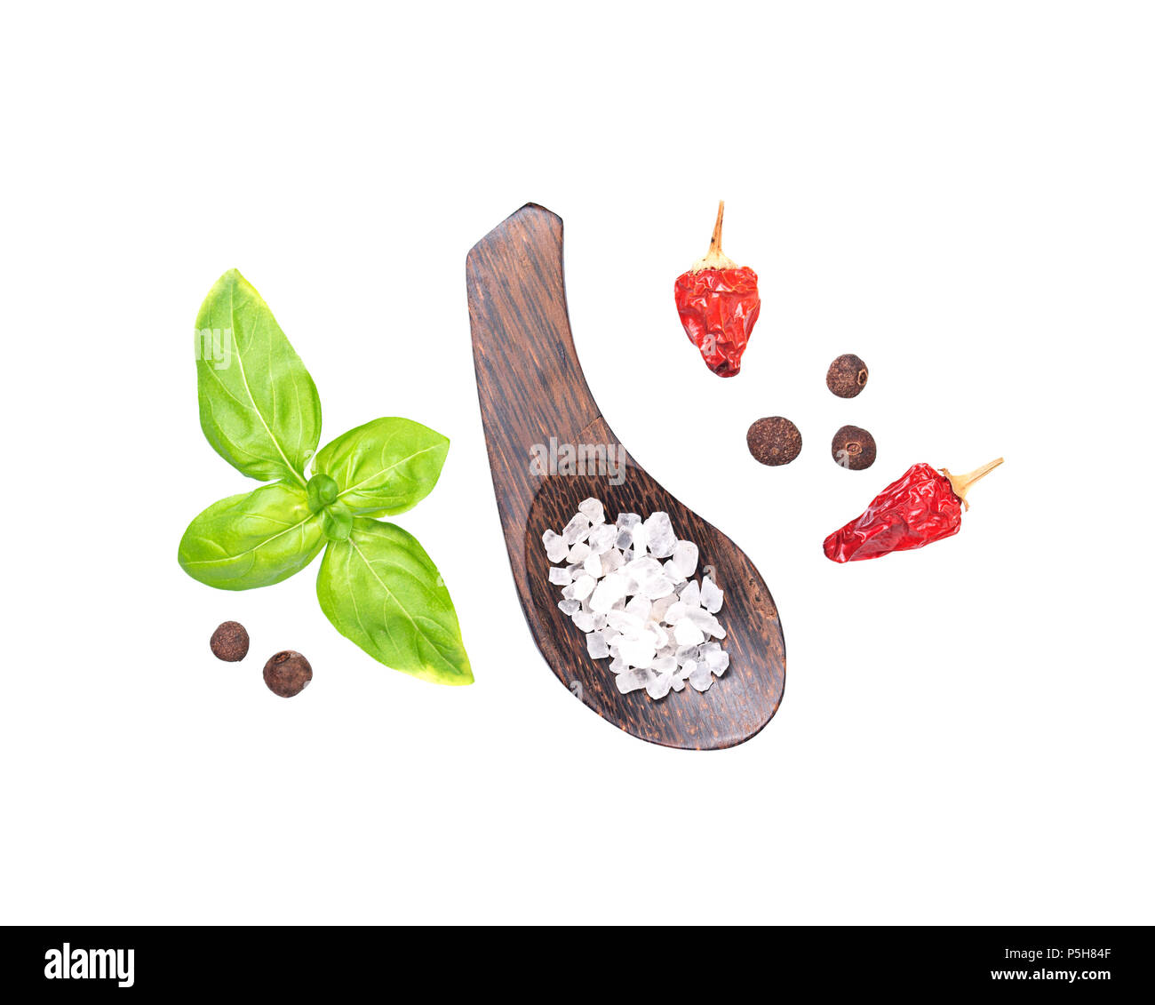 Basilio, il sale e il pepe isolato su bianco Foto Stock