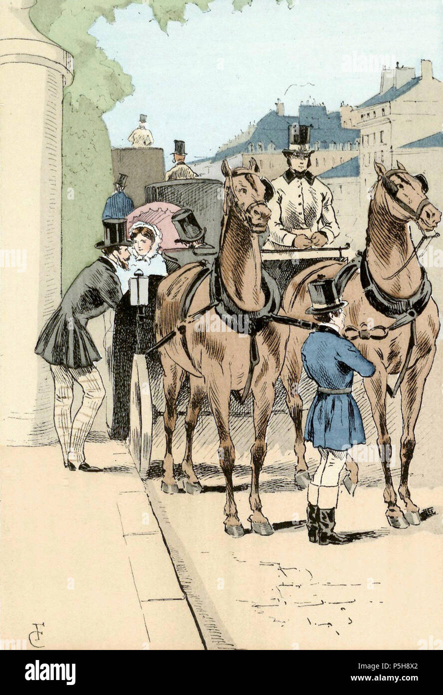 Il Boulevard des Italiens, 1855 lato sinistro . La donna seduta nel carrello indossa una luce cofano e porta un parasos. Ella corse in carrozza frequentato da numerosi servi. L'uomo sporgendoti carrello indossa un piuttosto breve e bassa cappotto sciancrato in nero con strisce, attillati pantaloni, caratteristica di un abito di giorno del 1855. Abstract fonte: Ruppert, Jacques. Le Costume Français. Parigi : Flammarion, 1996. 1898. N/A 29 il Boulevard des Italiens 1855 - lato sinistro Foto Stock