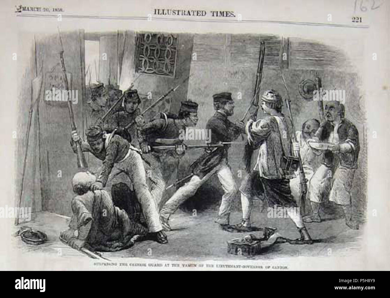 N/A. Inglese: Gran Bretagna esercito cinese sciopero guardia di yamen nel 1858 durante la seconda battaglia di cantone in French-British invasione del Cantone nella Seconda Guerra di oppio. Français : Des militaires britanniques attaquent les gardes chinois d'onu yamen en 1858, pendant la seconde bataille de Canton, lors de son invasione franco-britannique durant la seconde guerre de l'oppio : 1858 : 1858 . 1858. Tempi illustrato. [1] 29 1858, Guardia cinese Yamun Foto Stock