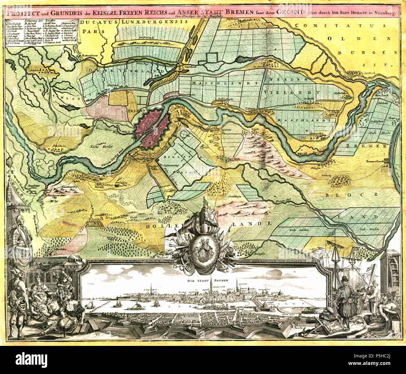N/A. Mappa e lo skyline di Brema dal 1723, rame stampa, meno corretto rispetto ad una mappa fatta quasi 80 anni prima (vedere anche il taglio "Bremen Vegesack mit 1648'): posizione errata di Schwachhausen, relazione sbagliata di 'Oxhusen' (Oslebshausen) e Gram(c)ke, 'Brockfeldt' per Borgfeld . 1723. Editor: Johann Baptist Homann (, Norimberga 234 Bremen vecchia mappa 5 Foto Stock