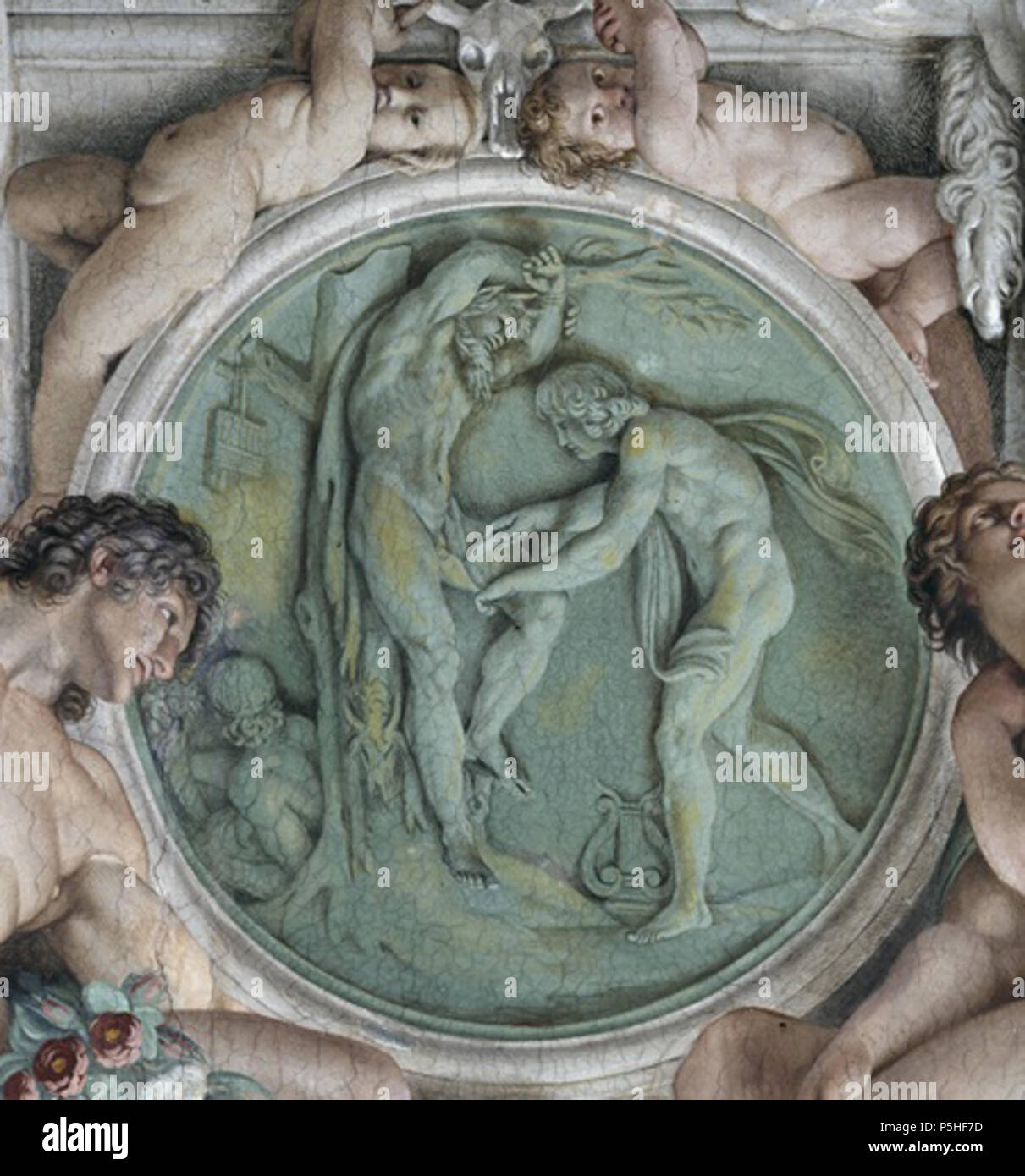 Apollo e Marsia (medaglione di Farnese soffitto) del XVI secolo. N/A 102 Anibale Carracci, soffitto Farnese, Apollo e Marsia Foto Stock