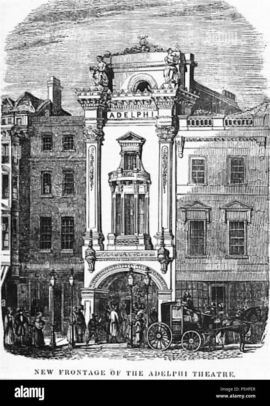 N/A. Inglese: facciata della Adelphi Theatre, Londra, da Samuel Beazley, raffigurato nella 'nuova facciata del Adelphi Theatre', specchio della letteratura, divertimento e istruzione, 7 novembre 1840, p.289 . Samuel Beazley 60 Adelphi-theatre-1840 Foto Stock