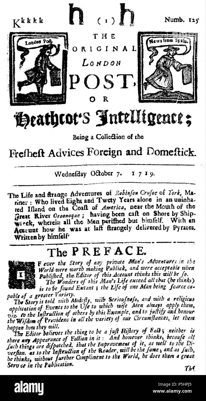 N/A. Inglese: la prima pagina del giornale edizione di Heahtcot intelligenza del 1719 . 1719. Daniel Defoe (1660-1731) nomi alternativi Daniel Foe Descrizione scrittore britannico Data di nascita e morte circa 13 Settembre 1660 24 aprile 1731 Luogo di nascita e morte Cripplegate Moorfields competente controllo : Q40946 VIAF:39375774 ISNI:0000 0001 2347 8267 LCCN:N79053974 NLA:35034550 MusicBrainz:5160f7d4-4140-44C4-a84d-790a537a9e22 WorldCat 21 1719-heathcot-robinson-crusoe Foto Stock