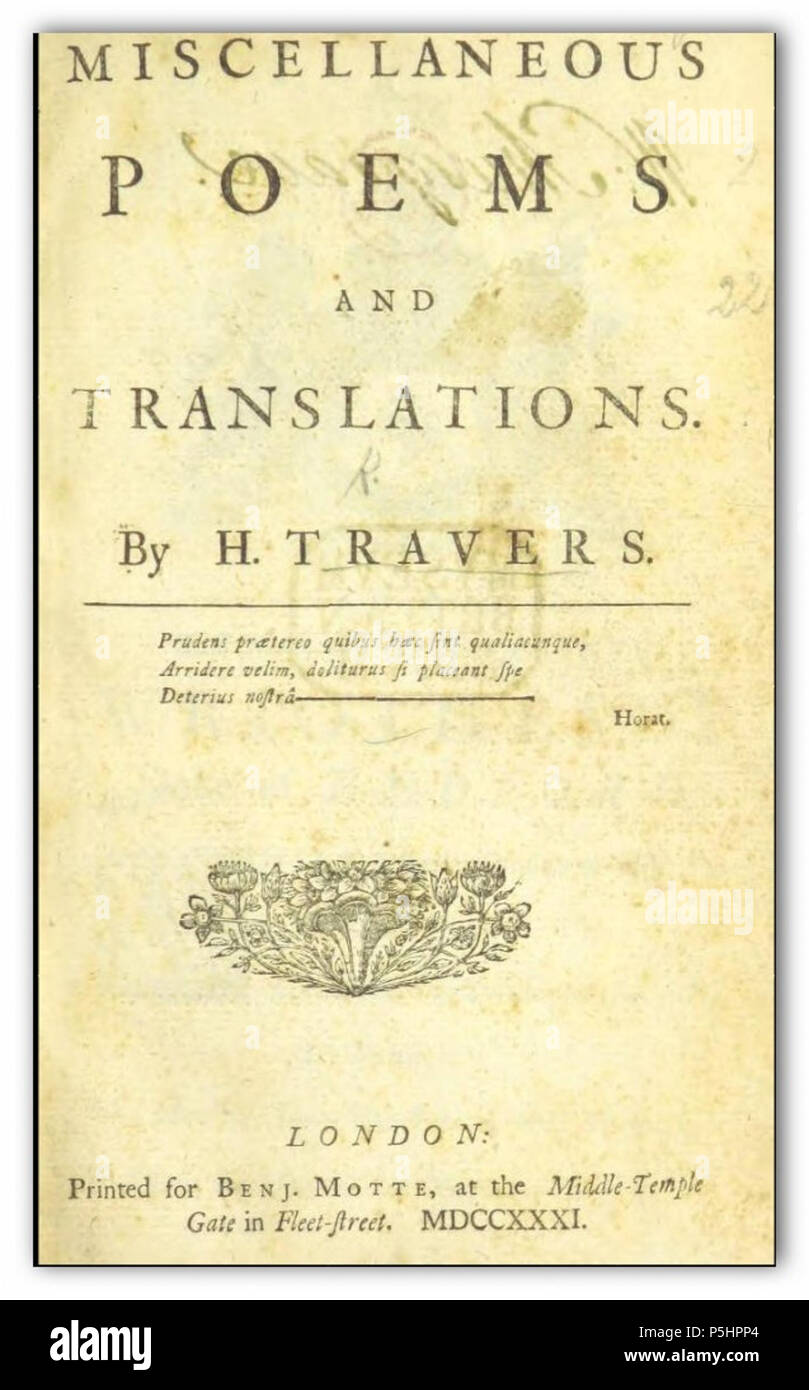 N/A. Inglese: pagina 11 di Poesie varie e traduzioni . 1731. TRAVERS, H. Scan cortesia della British Library 21 TRAVERS(1731) Poesie varie e traduzioni Foto Stock