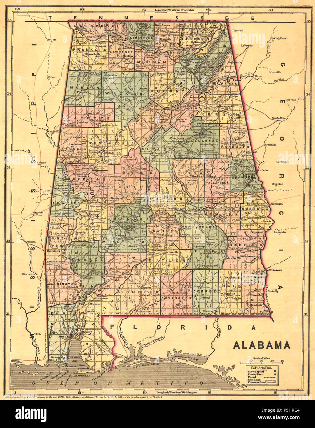1848 Mappa di Alabama contee.jpeg Foto Stock