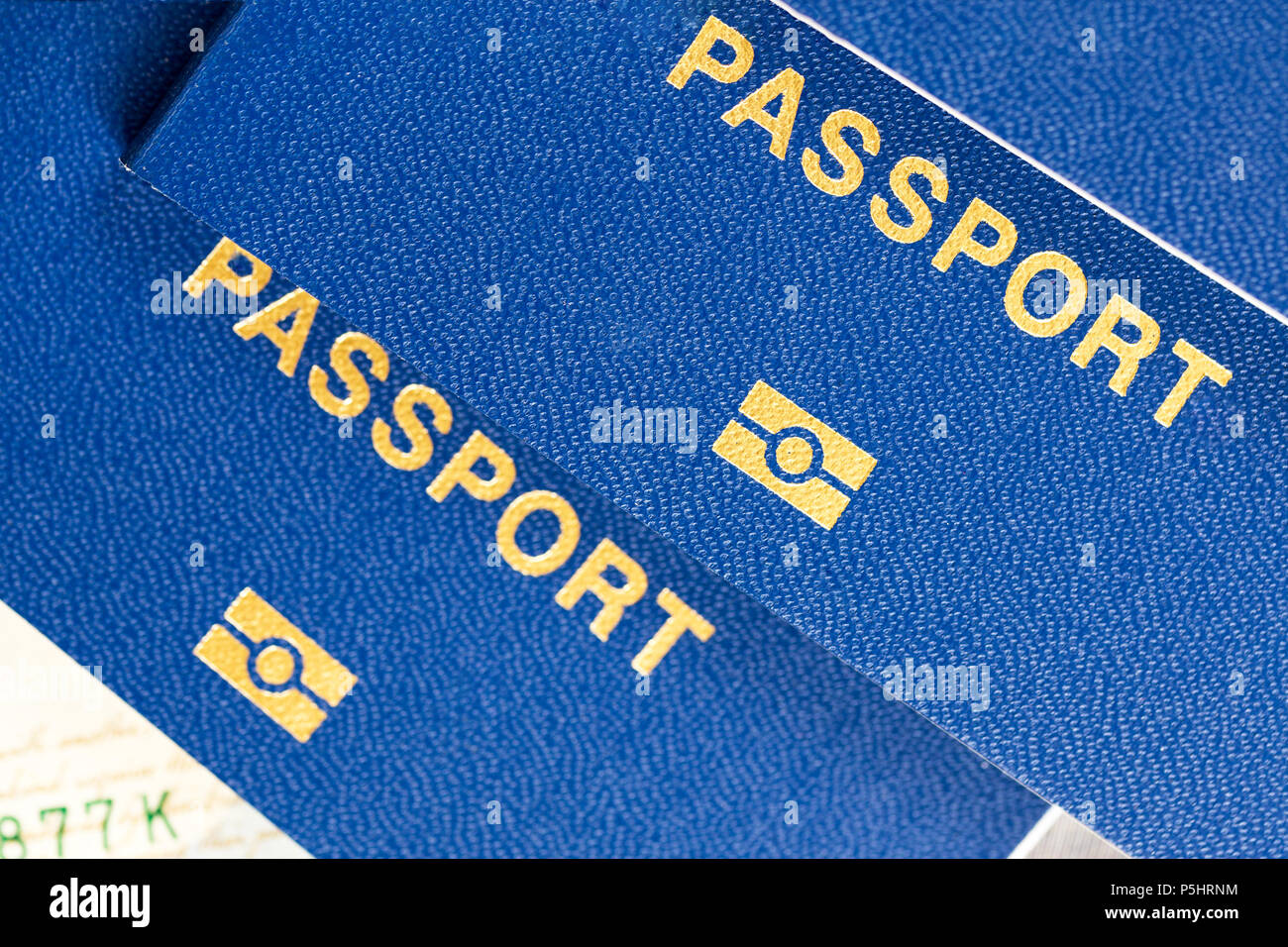 Close-up blu passaporto biometrico con chip segno. Viaggiare senza frontiere concept Foto Stock