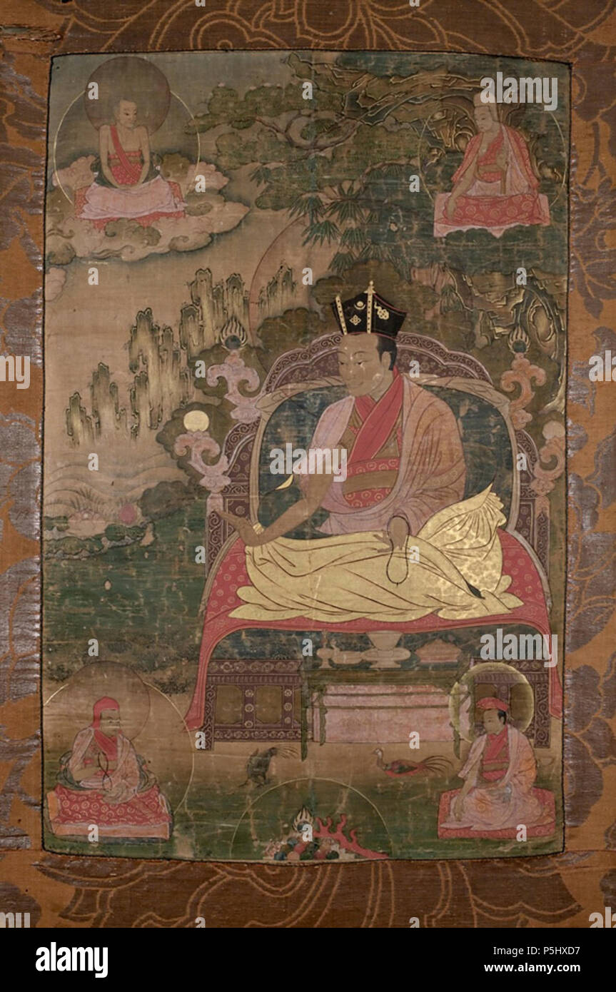 N/A. Inglese: Un storicamente importante thangka del 8° Karmapa che era un noto studioso e artista. Egli è raffigurato con due dei suoi insegnanti di principio sopra e due dei suoi quattro principio gli studenti al di sotto di lui. Il Siddha abile nell'angolo superiore sinistro è () Sangye Nyenpa Drupchen (il grande adepto Sangye Nyenpa) (d. 1519), che è stato il principale insegnante dell'ottavo Karmapa. Il rosso-cappello monaco nell'angolo superiore destro è Kenchen (grande conoscendo uno) Chostrup Senge che ha effettuato l'ordinazione finale riti sull'ottavo Karmapa quando quest'ultimo è stato di 22 anni di età. La lama in basso a sinistra è T Foto Stock