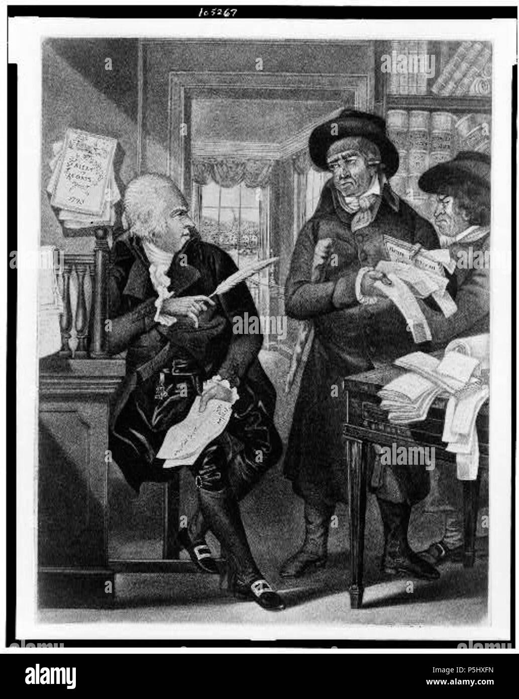 N/A. Inglese: Titolo: [un ufficiale giudiziario e un avvocato--una corrispondenza per il diavolo] Numero di chiamata: PC 1 - 7727 (una dimensione) [P&P] Numero di riproduzione: LC-USZ62-105267 (b&w copia film neg.) diritti informazioni: No restrizioni note di pubblicazione. Sommario: una satira su attornies e ufficiali giudiziari. Avvocato, nel suo ufficio, tenendo le carte marcate, 'Middlesex per scherzo -- Jno. Doe & Richd. Doe ..."; egli conversa con un ruvido uomo, con un randello sotto il suo braccio che tiene la scritta, "Henry Handheart ufficio" (r per lo sceriffo di Middlesex). Un altro catchpole sorge a fianco di questo uomo. Media: 1 stampa : incisione e mezzot Foto Stock