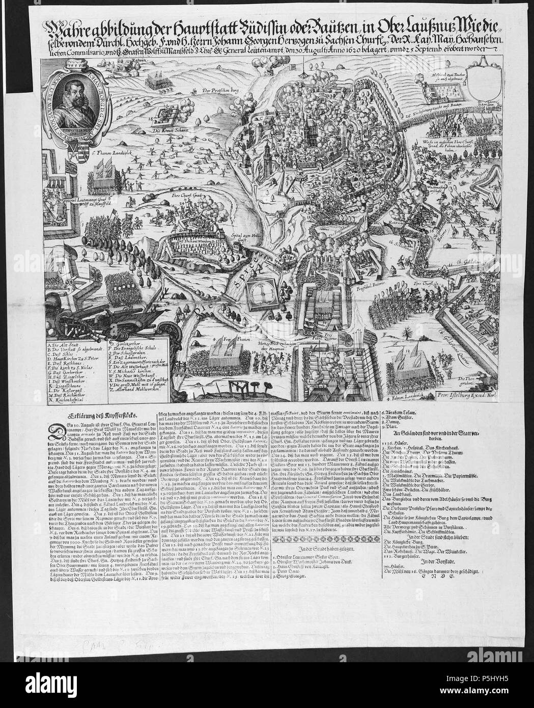 N/A. Wahre abbildung der Hauptstatt Budissin oder Bautzen, in OberLaußnitz. Wie dieselbe von dem ... Herrn Johann Georgen Hertzogen zu Sachsen ... und H. Grafen Wolff zu Manszfeld ... den 30. Augusti Anno 1620 belägert, unnd 25. Eccetto ponti erobert worden . 1620. unbekannt; Kupferstecher: Isselburg, Pietro (1568-1630) 51 Abbildung der Hauptstatt Budissin Foto Stock