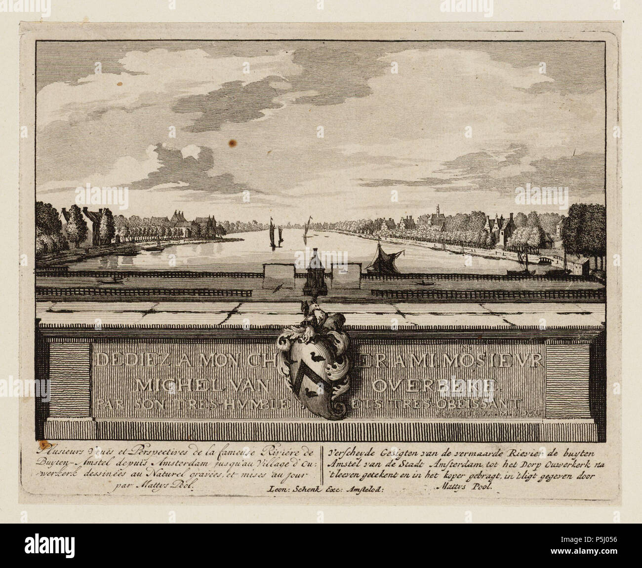N/A. Nederlands: Beschrijving Verscheyde Gesigten van de vermaarde Rievier de buyten Amstel Van de Stadt Amsterdam tot het Dorp Ouwerkerk na t leeven getekent en in het koper gebragt, in t ligt gegeven Mattys porta piscina. Gezicht van de Buiten Amstel Vanaf de Hogesluis in zuidelijke richting. Links de Weesperzijde met onder meer de uitspanning De IJsbreker, rechts de Amsteldijk met de uitspanningen De Berebijt en de Pauwentuin. Titelblad van prentserie porta en bij Matthys piscina (circa. 1715) in de heruitgave van Leon Schenk uit circa 1728. Vergelijk de prent van Abramo Rademaker. Documenttype pr Foto Stock