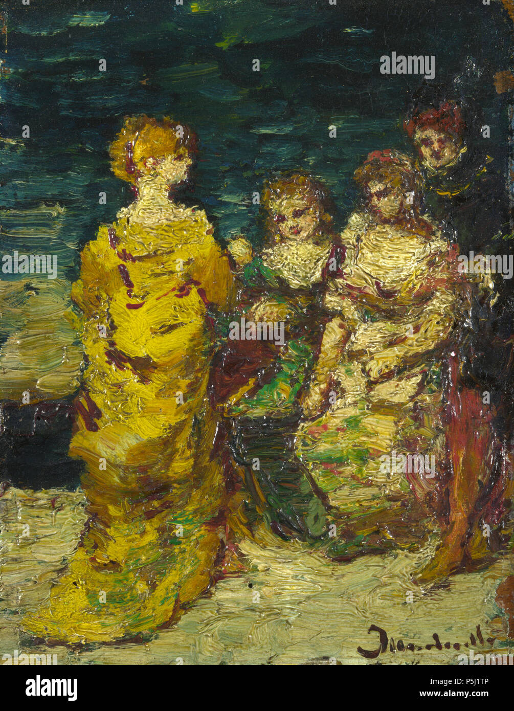 Composizione in oggetto . Inglese: quattro figure femminili, due seduti e due in piedi, sono mostrati. Vi è una stretta variante della composizione nel Musée du Petit Palais di Parigi. Durante il suo soggiorno a Parigi nel 1860 Monticelli ha iniziato a dipingere "fêtes galantes" raffigurante elegantemente vestito uomini e donne, spesso nei parchi, nel modo di francese del XVIII secolo dipinti. Questo gruppo è tipico di un tale scena. . Probabilmente 1870-90. N/A 62 Adolphe Monticelli, composizione in oggetto, ca. 1870-90 Foto Stock