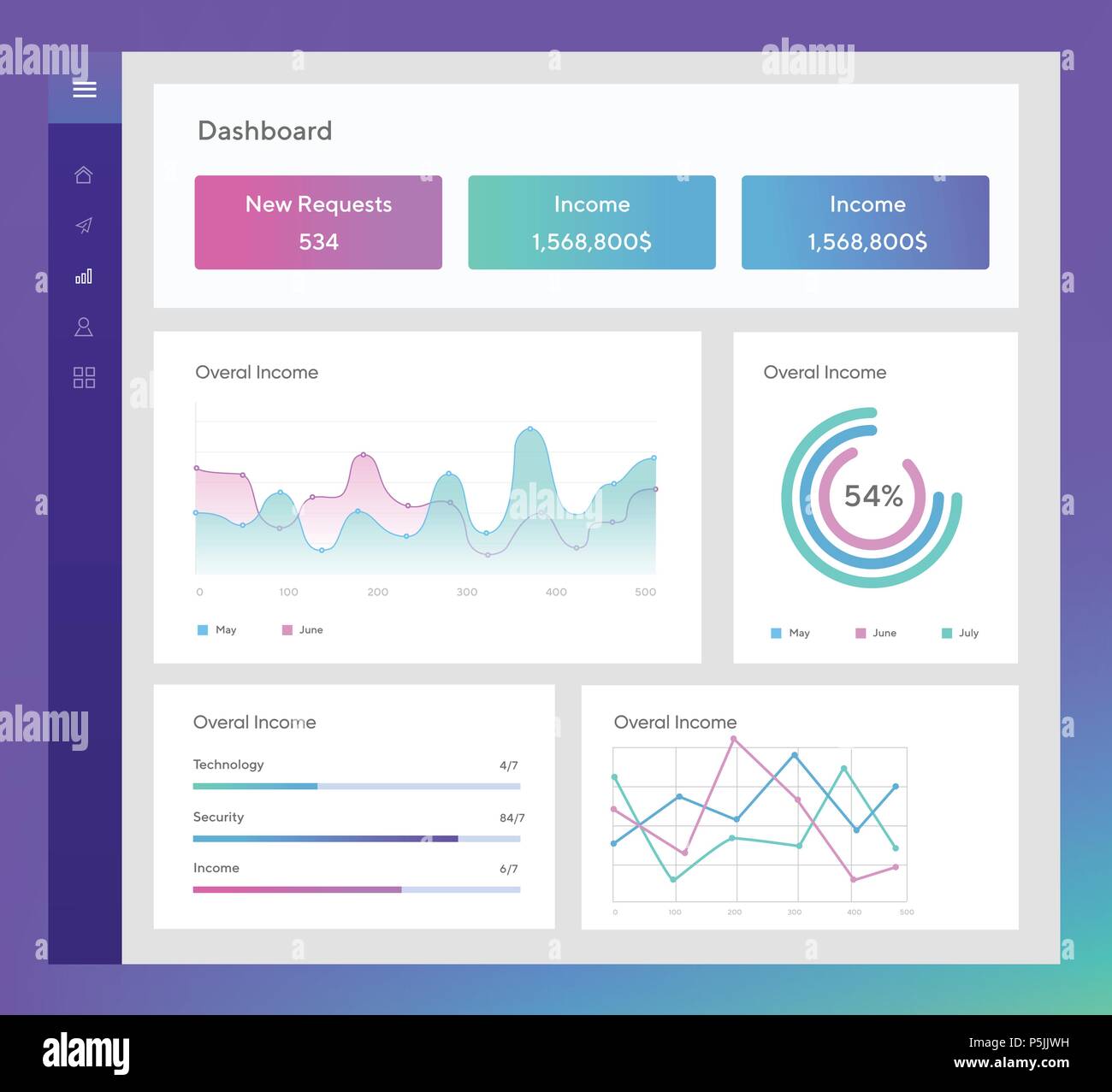 Una infografica modello con design piatto statistiche giornaliere grafici, cruscotto, i grafici a torta, web design, elementi di interfaccia utente. La gestione della rete nella schermata dei dati con grafici e diagrammi Illustrazione Vettoriale