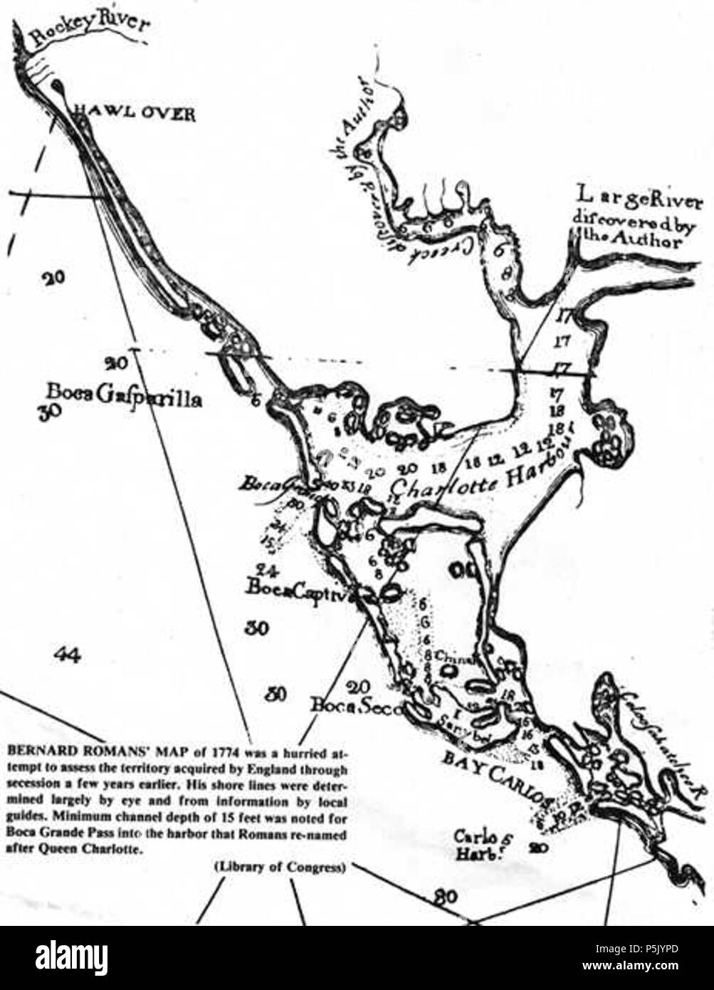 N/A. Inglese: Bernard romani 1774 mappa di Charlotte Harbor . 1774. Bernard Romani 25 1774mapCharlotteHarbor Foto Stock