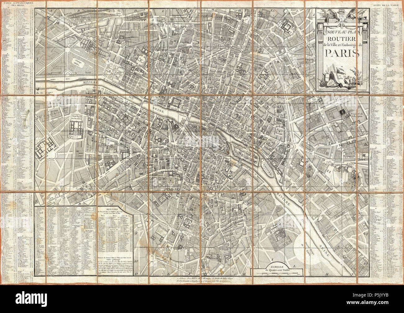 Nouveau plan routier de la Ville et Faubourg de Paris. Inglese: una straordinaria mappa di pre-Haussmann pre-rivoluzionaria Parigi e inizio del faubourg (periferia) emesso nel 1780, durante l'ultimo decennio della monarchia francese. Copre Parigi su entrambi i lati della Senna dalla Ecole Militaire all'ospedale de la Roquette, si estende a nord per quanto riguarda il quartiere di Montmartre e sud approssimativamente a Les Gobelins. Prodotti all'altezza del predominio francese dell'arte cartografica, questa mappa è un capolavoro di intagliatore di arte. Singoli edifici, campi, strade, colline, valli, orti e giardini pubblici sono r Foto Stock