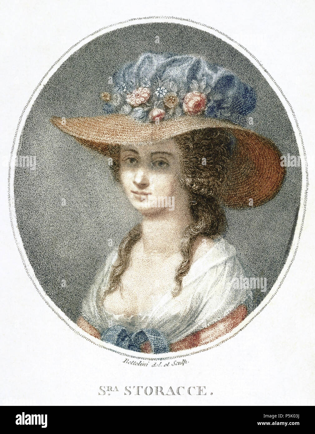 N/A. Ritratto di Nancy Storace (1765-1817), inglese soprano. Stampato in aprile 12, 1788 da Moltens Colnaghi & Co n. 32 Pall Mall e a Parigi da chez Tessari Zanna et Ce. Quay de Augustins n. 42. Questa è una Foto ritoccata, il che significa che è stata alterata digitalmente dalla sua versione originale. Modifiche: c'era un sacco di colorazione per la carta e uno o due bit in cui sia la mano-la colorazione non era stato fatto molto bene o acqua danno era si è verificato. Come la mano-la colorazione è stata effettuata generalmente come una partita e non dall'artista che ha realizzato l'incisione originale, ho deciso di provare a fare i Foto Stock