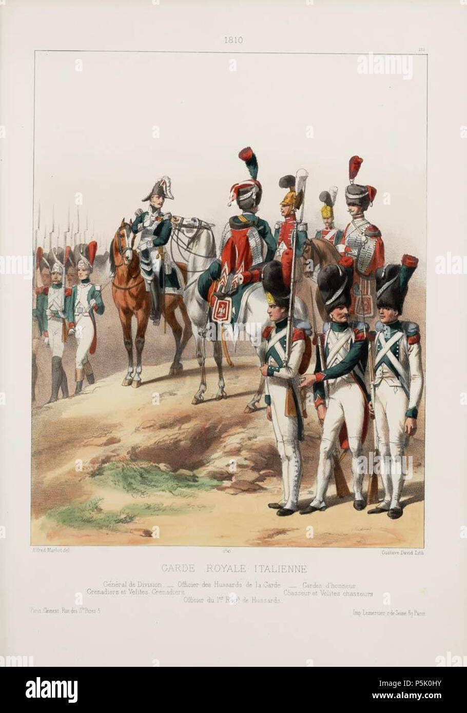 N/A. Italiano: 1810 Garde Royale Italienne: Général de la divisione; Officier des Hussards de la Garde; Officier du 1er Reg.t de Hussards; Gardes d'honneur; granatieri et Velites granatieri; Chasseur et Velites chasseurs tratto da: "costumi militaires francais depuis 1439 jusqu'en 1789 / A. de Marbot' Gambart, Junin & Co . 1830. David, Gustave de Noirmont, D. Caricamento per it..org effettuato da Nicola Romani 27 1810 Garde Royale Italienne - Guardia Reale Italiana Foto Stock