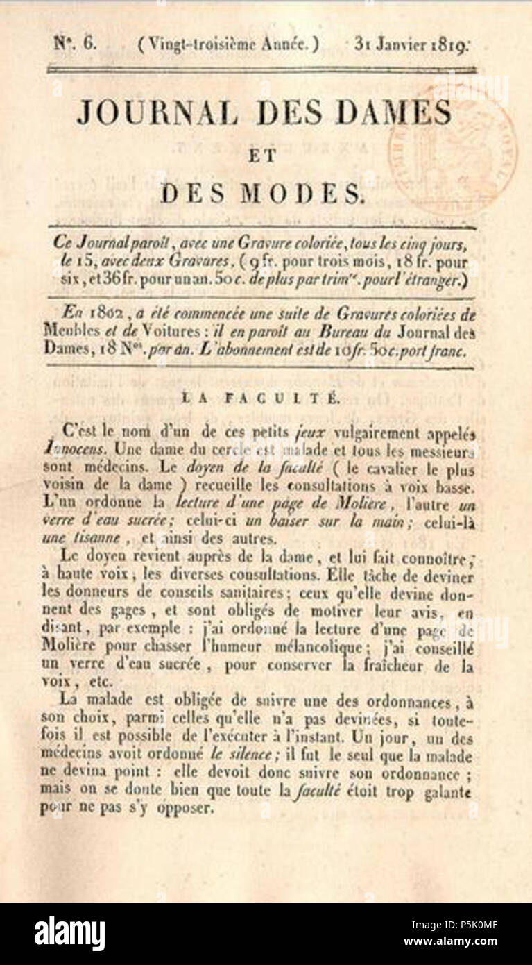 N/A. Français : Pagina de titre du Journal des dames et des modi n°6 datée 31 janvier 1819. 1819. Abbé La Mésangère 28 Journal des dames et des modi 06 1819 Foto Stock