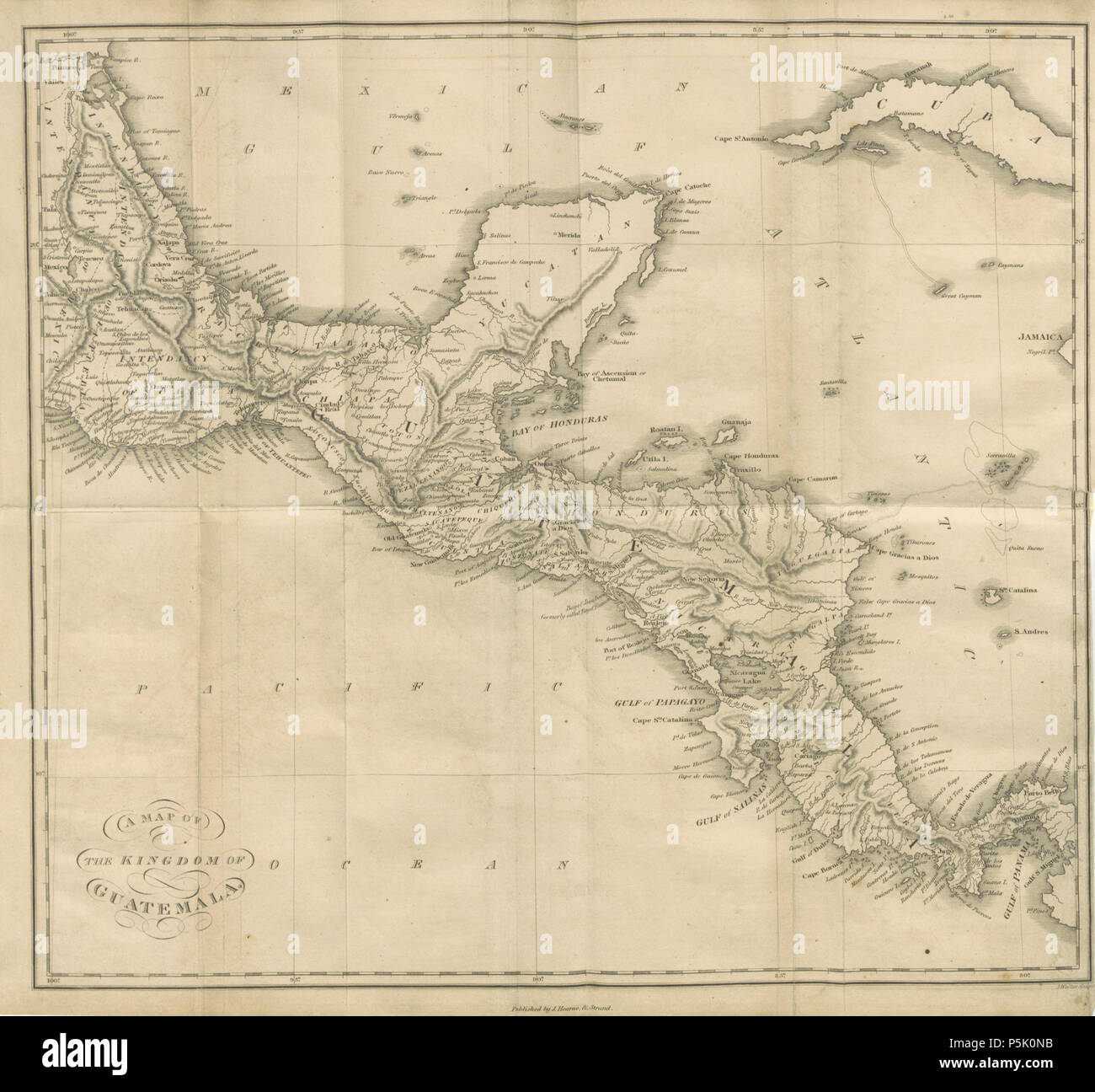N/A. Inglese: Mappa di America Centrale preso dalla pagina 20 di una statistica e storia commerciale del Regno del Guatemala (British Library HMNTS 798.f.2) . 1823. Domingo Juarros 28 1823 mappa di America centrale da una statistica e storia commerciale del Regno del Guatemala Foto Stock