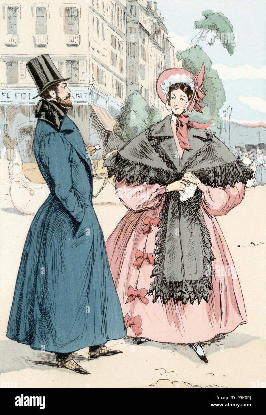 Un angolo sul Boulevard des Italiens, 1833 . L'uomo in questa piastra è indossando un militaire o demi-solde redingote, un lungo e basso cappotto Sciancrato. Egli è anche indossando un 'chapeau claque' o quello che gli americani contemporanei potrebbe chiamare un 'top hat'. La donna indossa un vestito che è strettamente cinched al centro da un corsetto e accentuata su entrambi i lati da grandi e ondeggianti e maniche e un ampio mantello. Ella è anche indossando un elegante tappo alsaziano. Abstract fonti: Boucher, François. 20.000 Anni di moda. Harry N. Abrams, Inc, New York: Harry N. Abrams, 1967. Ruppert, Jacques. Le Costume Français. Foto Stock