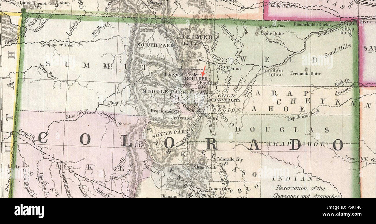 30 1866 Boulder dettaglio mappa del Kansas, Nebraska e Colorado da Mitchell Foto Stock
