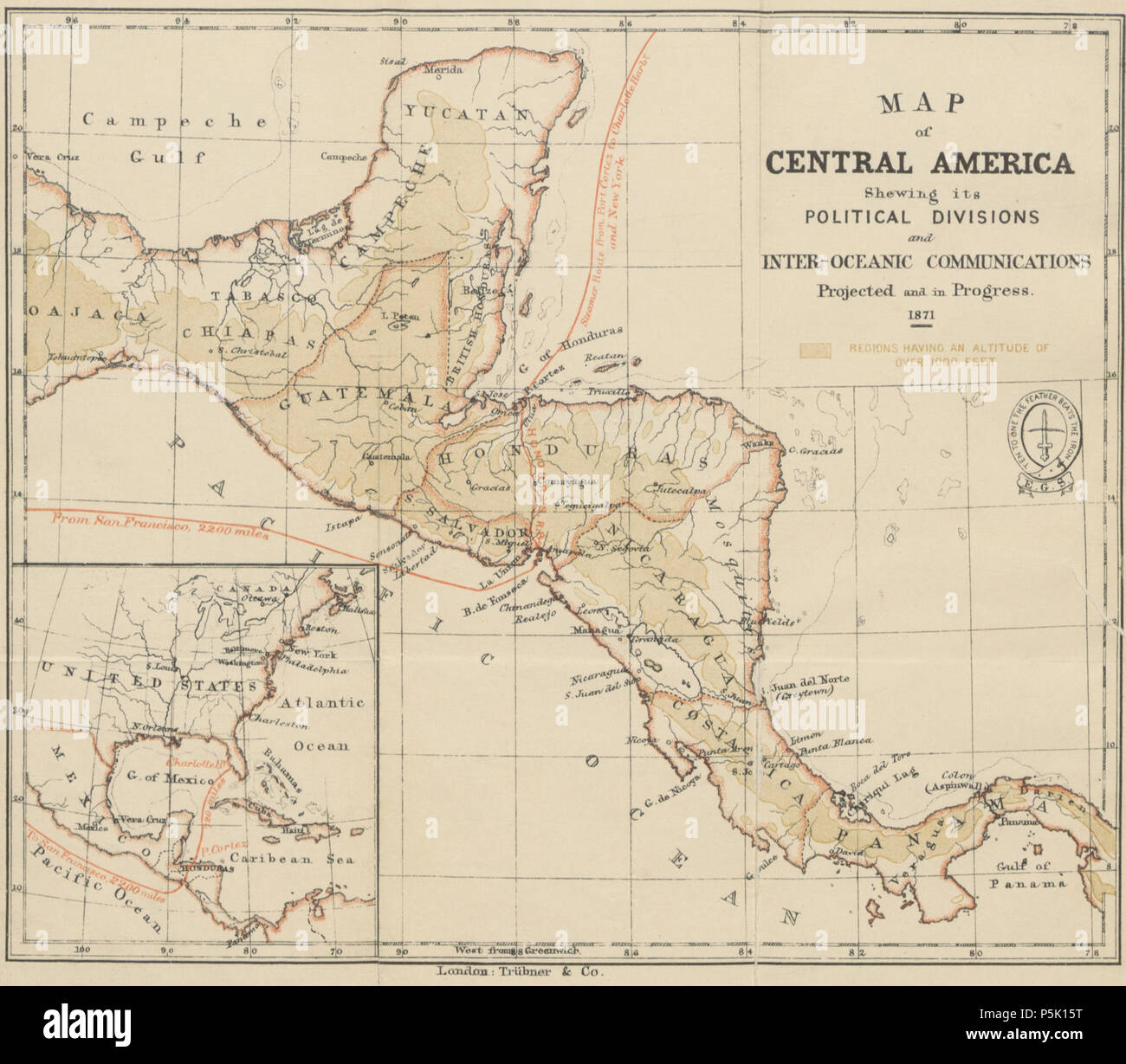 N/A. Inglese: Mappa di America Centrale preso dalla pagina 8 di Honduras: descrittivo, storici e statistiche (British Library HMNTS 10481.pp.2), essendo la ristampa dei capitoli su Honduras contenute nel libro gli stati dell America centrale . 1871. Ephraim George Squier (1821-1888) 30 1871 mappa dell America centrale che mostra le sue divisioni politiche Foto Stock