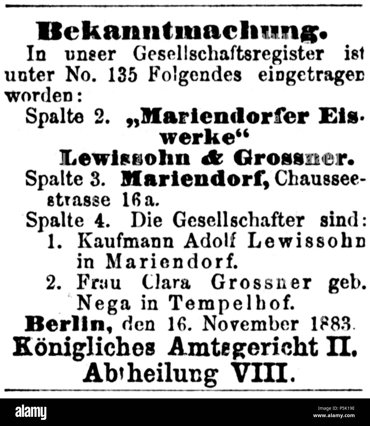 N/A. Deutsch: Eintragung der 'Mariendorfer Eiswerke' Lewssohn & Grossner in das Gesellschaftsregister Königliches Amtsgericht II Berlin am 16. Novembre 1883 . Il 23 novembre 1883. Unknown 31 1883-11-23 Berliner-Boersenzeitung Foto Stock