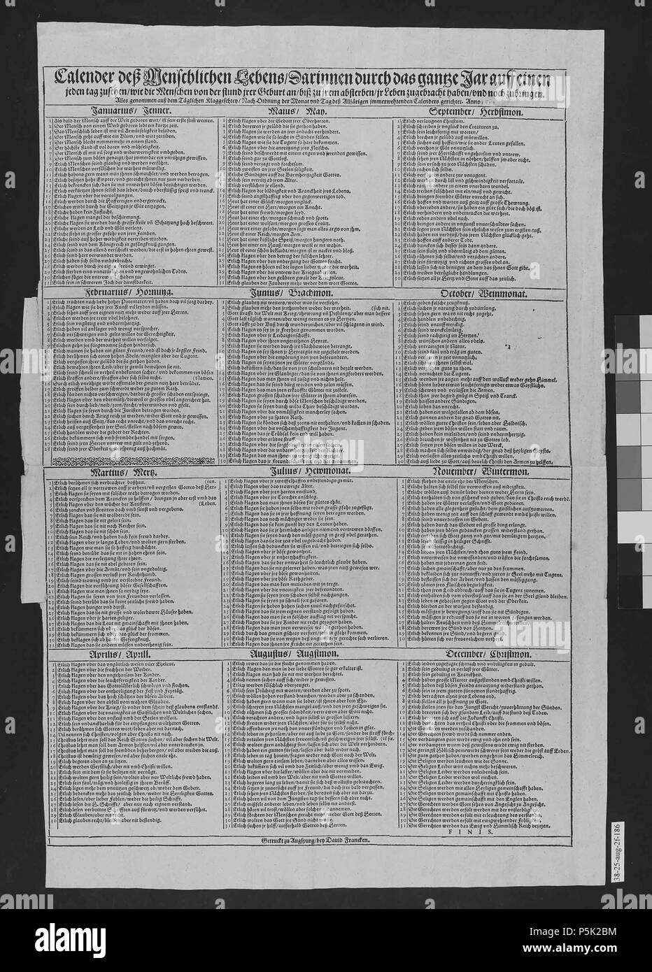 N/A. foglietto / Einblattdruck : Calandra deß Menschlichen Lebens: Darinnen durch das gantze Jar auff einen jeden Tag zusehen/ Wie die Menschen von der stund irer Geburt un/ biß zu irem absterben/ ir Leben zugebracht haben/ und noch zubringen ; Alles genommen auß dem Klaggeschrey Täglichen/ Nach Ordnung der Monat und Tag Alljärigen deß immerwehrenden calandre gerichtet. Anno 1609 . 1614. Unknown 35 23 677283K 001 Foto Stock