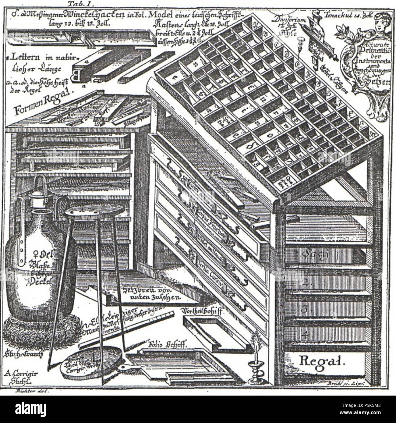 N/A. Inglese: un disegno di un classico typesetter di cernita del caso. 1740. Christian Friedrich Gessner 47 un tipista caso di smistamento Foto Stock