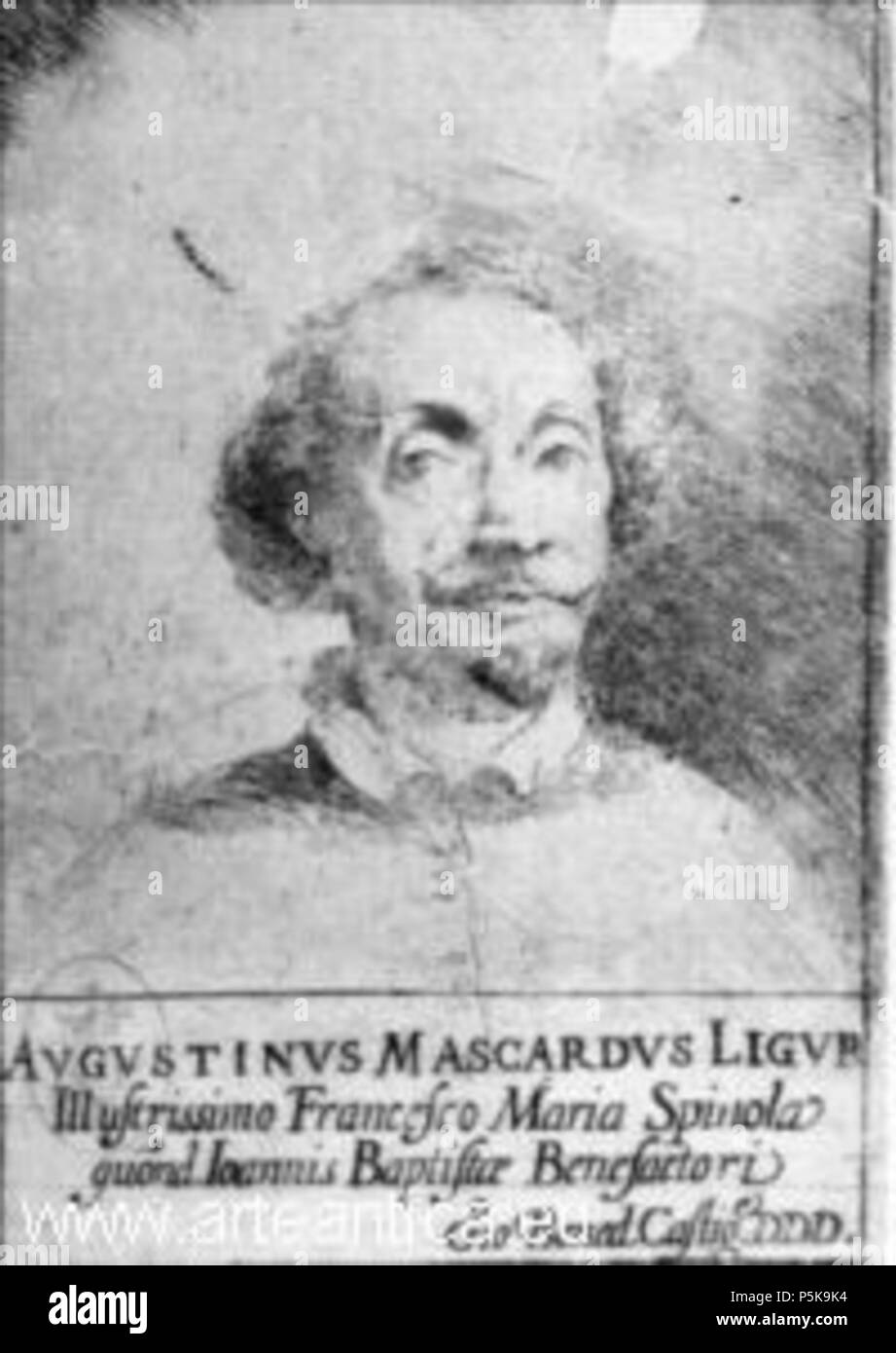 N/A. Italiano: Ritratto di Agostino Mascardi, incisione, Museo Sabaudo, Torino . Il XVII secolo. Giovanni Benedetto Castiglione Descrizione pittore italiano e artista grafico Data di nascita e morte prima del 23 marzo 1609 prima del 5 maggio 1664 Luogo di nascita e morte Genova Mantova sede di lavoro Mantova, Genova, autorità di Rom di controllo : Q40823 VIAF:34728703 ISNI:0000 0001 2023 7409 ULAN:500115299 LCCN:N80098292 WGA:CASTIGLIONE, Giovanni Benedetto WorldCat 69 Agostino Mascardi Foto Stock