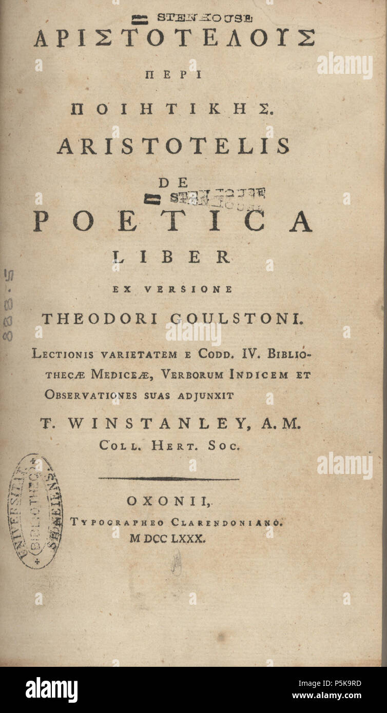 N/A. Inglese: 1780 edizione della poetica dell'autore:Aristotele . 1780. Aristotele (-384--322) nomi alternativi Aristotile Descrizione scienziato ellenico e filosofo, Data di nascita e morte 384 BC 322 BC Luogo di nascita e morte Stageira Chalkida sede di lavoro ad Atene, Macedonia competente controllo : Q868 VIAF:7524651 ISNI:0000 0001 2374 8095 ULAN:500259120 LCCN:N79004182 NLA:36246937 WorldCat 122 Poetica di Aristotele Foto Stock