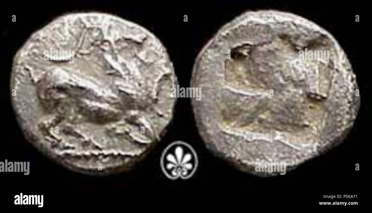 N/A. Inglese: Vecchio Macedonia - Aigai- Prima 520-500 A.C. AR Capra Trihemiobol inginocchiato a destra il sollevamento della zampa anteriore destra incuse quadripartita square . 13 gennaio 2014, 01:28:58. Monete di GNC 70 Aigai- Prima 520-500 A.C. Foto Stock