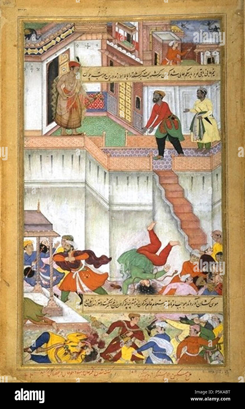 N/A. Inglese: Akbar ordini punizione di Adham Khan, favorire il suo fratello. Una serie di immagini entro un singolo dipinto mostrato, Akbar prima emergente dal suo quarti privato con una spada in mano, Adham Khan di essere buttati giù in due luoghi diversi dalle pareti di Akbar's Palace all'interno di Agra Fort Agra. Persone mostrate sotto, che sembrano essere i suoi seguaci di scappare spaventati. Precedentemente Adham Khan aveva costretto la sua entrata in quarti privato di Akbar, e uccise il suo preferito Ataga generale Khan, enraging Akbar. Akbarnama, 1590-1595 ca. (Digitally Enhanced Image) . tra il 1590 e il 1595. Miskin, Foto Stock