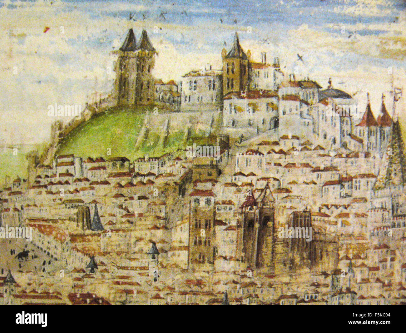 N/A. Inglese: vista di Lisbona Castello in un manoscritto illuminato Português: Detalhe do Castelo de São Jorge e das muralhas da cidade nessun panorama geral de Lisboa duranti o cerco de D. Afonso Henriques. In: GALVÃO, Duarte. "Chronica do Muito Alto e Muito Esclarecido Príncipe D. Afonso Henriques, Primeiro Rey de Portugal'. 1505. Acervo: Museu-Biblioteca Condes de Castro Guimarães. 1505. António de Holanda 281 Castle-DuarteGalvão3 Foto Stock