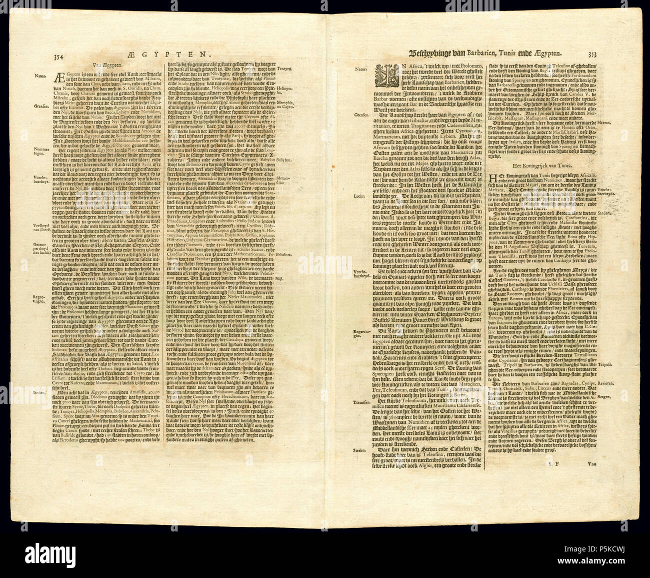 N/A. Barbaria. Cartaginis sive potius Tunetani celeberrimi sinus nec non Goleltae fortalitii Tipus quamvis deleti. Aegyptus Beschryvinge van Barbarien, Tunisi ende AEgypten ha rilievo mostrato graficamente. Verso pagine numerate 354 e 353. Distaccata dal Mercatore : Atlas sive cosmographicae meditationes de fabrica mundi et fabricati figura. Originariamente pubblicato da Jodocus Hondius. (Descrizione da: Nord Ovest Biblioteca Universitaria) . 1620. Gerardus Mercator (1512-1594) nomi alternativi Gerardo Mercatore; Gerard De Kremer; Gerard de Cremere; Gerhard Mercator; Gérard Mercator Descrizione ma Foto Stock