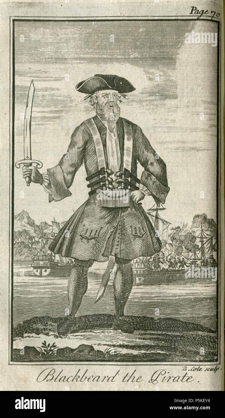 N/A. Inglese: "il Blackbeard Pyrate,' da 'una storia generale del Pyrates,' di Charles Johnson, Daniel Defoe. Incisi da Benjamin Cole. Immagine cortesia del North Carolina raccolta, Università della Carolina del Nord e le librerie. 1726. Charles Johnson 207 Blackbeard il pirata da Charles Johnson è una storia generale del Pyrates 1726 Foto Stock