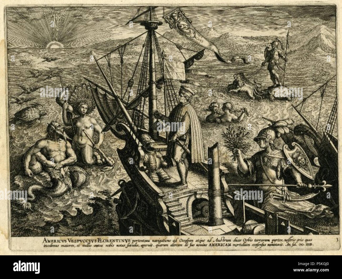 N/A. Piastra da Americae Rectetio (c.1589), 'scoperta d'America' mostra allegoria della Vesucci il viaggio in America. Esplora fiorentino Amerigo Vespucci è mostrato sulla sua nave (Vespucci stemma raffigurato sul gonfalone sul montante in avanti, il montante centrale rotto). Simboli allegorici includono Minerva (Science) a destra, guidare Vespucci la nave e un guerriero portato da un mare-tartaruga. circa 1589. Adriaen Collaert dopo Stradanus (1523-1605) nomi alternativi Jan van der Straet, Giovanni della Strada, Johannes della strada, di Giovanni Stradano, Johannes Stradano, Giovanni Stradanus, Johannes Stradanus Foto Stock