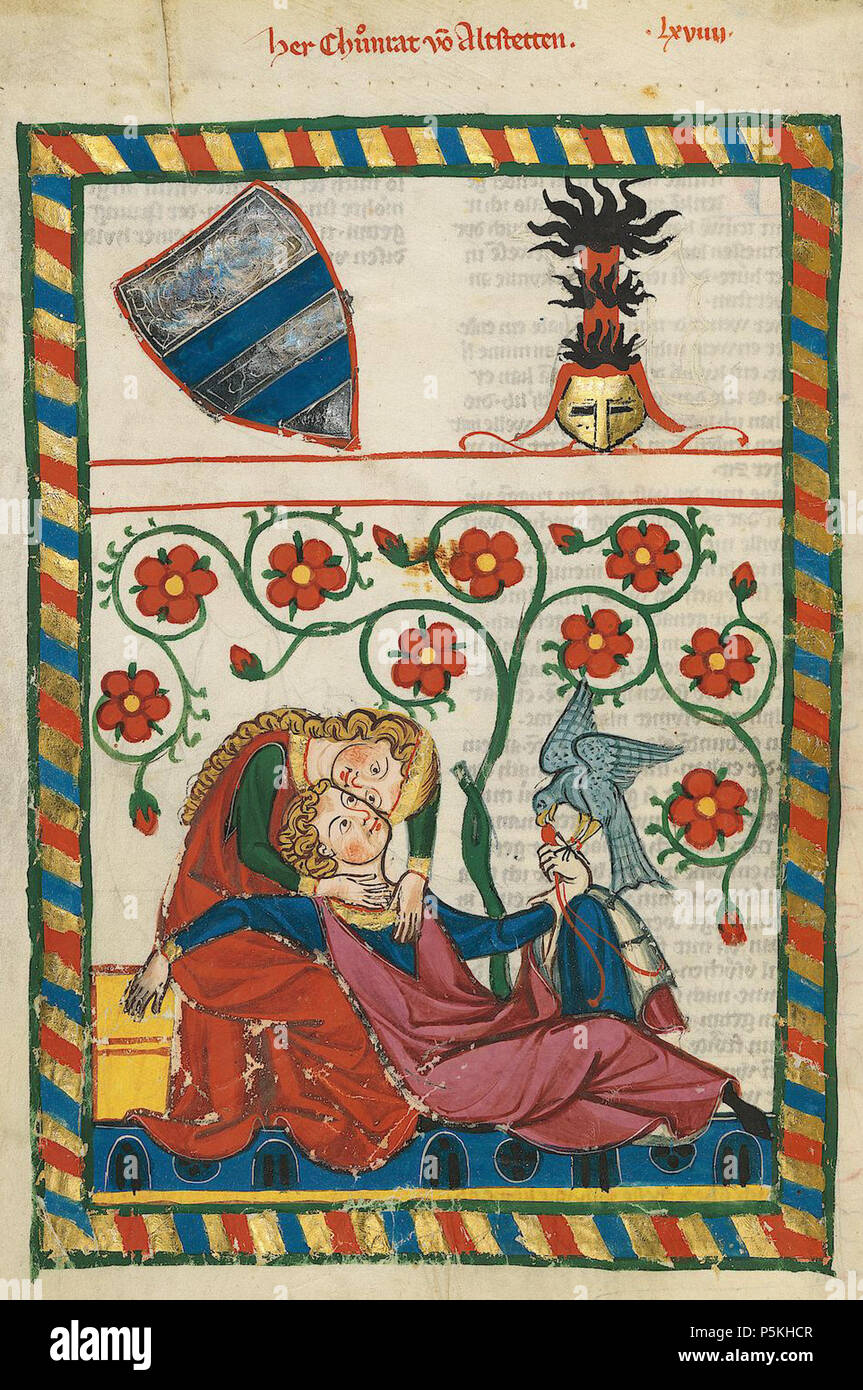 N/A. Deutsch: Codex Manesse, UB Heidelberg, Cod. Pal. germe. 848, fol. 249v: Herr Konrad von Altstetten. Das Geschlecht derer von Altstetten ist seit 1166 bezeugt und hatte seinen Sitz im Oberrheintal. Es stand in den Diensten des Abtes von San Gallo. Vermutlich Handelt es sich bei dem Minnesänger um den 1320 bis 1327 urkundenden Konrad von Altstetten, der das Meieramt innehatte. Tra il 1305 e il 1315. Meister des Codex Manesse (Grundstockmaler) Descrizione pittore tedesco periodo di lavoro c. 1305-1340 () 89 Altstetten Foto Stock