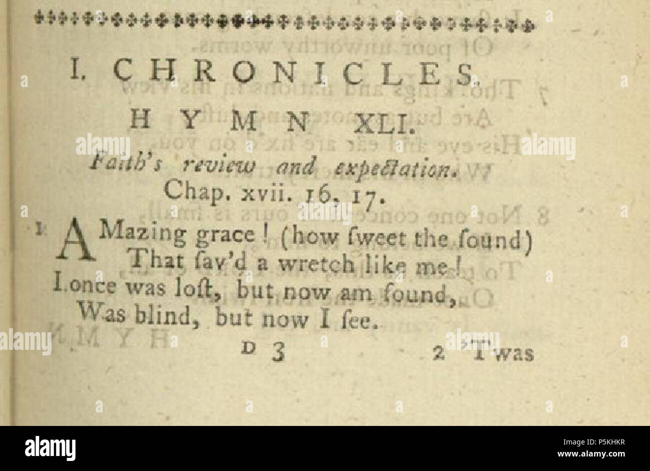 N/A. Inglese: Amazing Grace, prima versione, in 'Olney inni", a pagina 53 (fondo), 1779 Français : Amazing Grace, debutto de la première versione, parue dans le 'Oleny inni" (1779) . 1779. fotocopia di un vecchio libro 92 Amazing Grace in OlneyHymns1779 Foto Stock