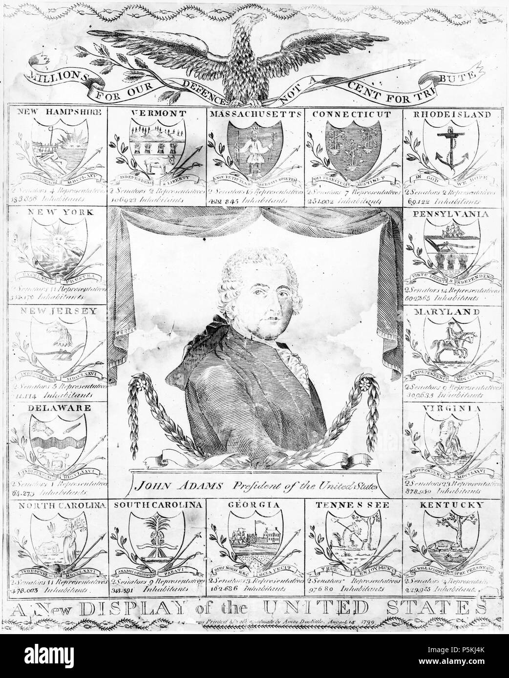 N/A. "Una nuova visualizzazione degli Stati Uniti", 1799 incisione di stemmi dei 16 stati degli Stati Uniti in quel momento (accompagnato da una popolazione e statistiche congressuale) circondante un ritratto di John Adams. Titolo: una nuova visualizzazione degli Stati Uniti creatore(s): Doolittle, Amos, 1754-1832., data di creazione/Pubblicato: [New Ha]ven : stampata e venduta all'ingrosso da Amos Doolittle, Agosto 14' 1799. Media: 1 stampa su carta vergata: incisione ; foglio 56 x 42,5 cm. Sommario: un busto ritratto del Presidente John Adams, con una ghirlanda e tenda, incorniciato dai bracci di sedici membri. Al di sotto di ciascun membro s Foto Stock