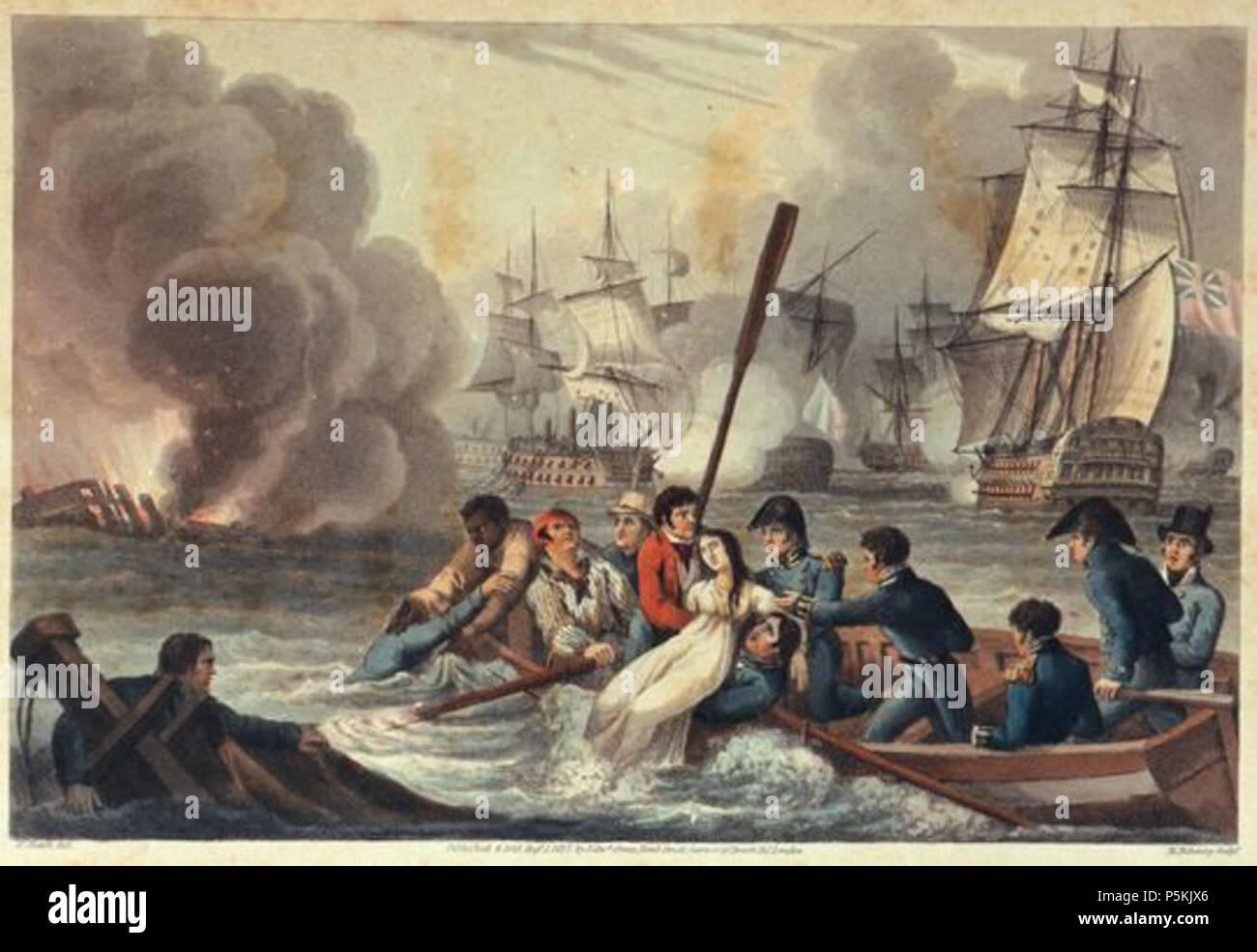 N/A. Inglese: aneddoto nella Battaglia di Trafalgar. Un altamente fictionalised raffigurazione di un francese di nome Jeannette essendo tirato dall'acqua da marinai britannici dopo l esplosione della nave francese Achille . 1 agosto 1817. Dubourg, M [incisore] Heath, William [artist] Orme, Edward [editore] 100 aneddoto nella Battaglia di Trafalgar Foto Stock