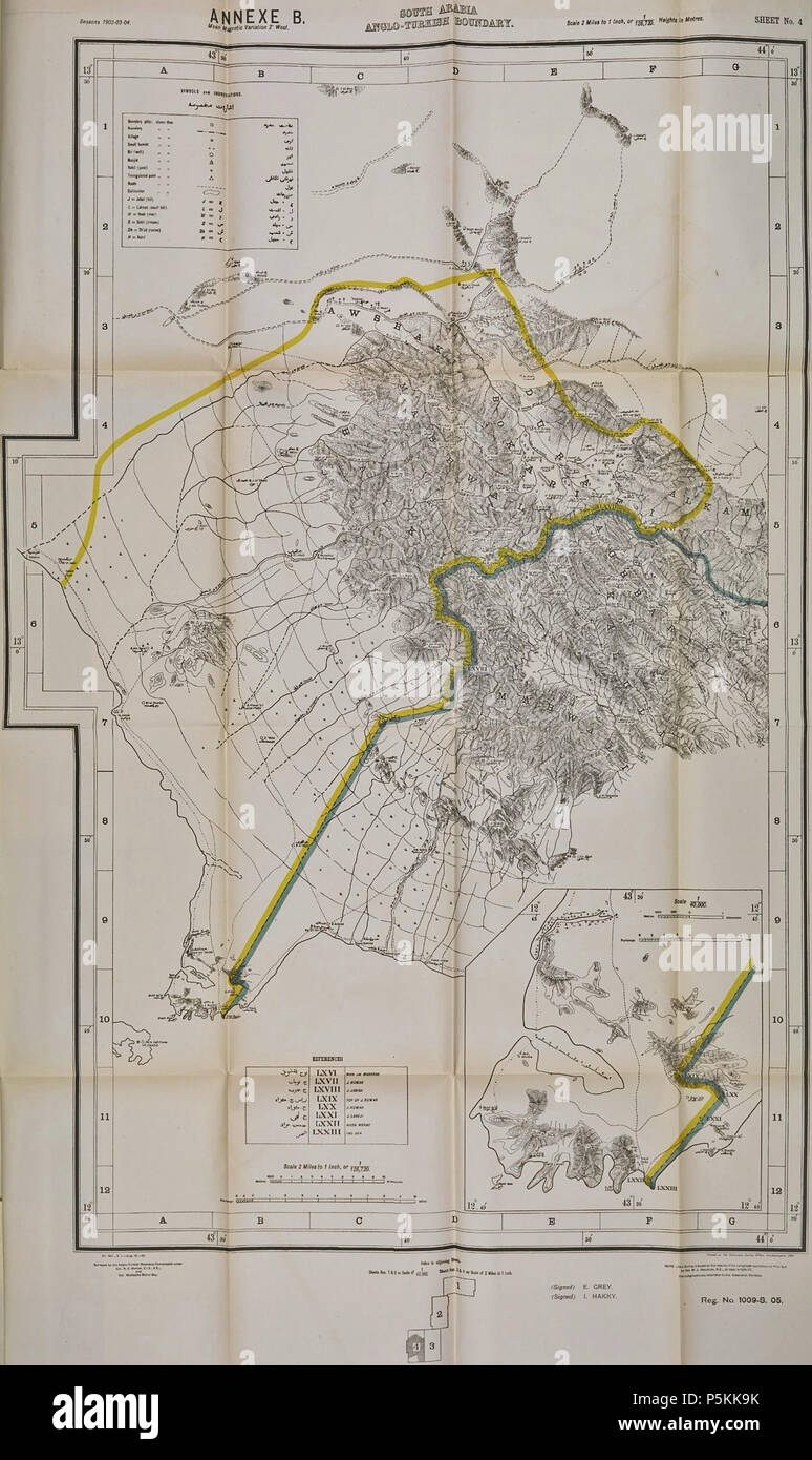 N/A. Inglese: Mappa rilasciato come un allegato alla convenzione Anglo-Turkish del 3 giugno 1914. Questa mappa della punta sudoccidentale della Penisola arabica mostra la linea di demarcazione concordati tra il 1902 e il 1904 dal confine Anglo-Turkish commissione che era stato incaricato di demarcare il rispettivo ottomano e British sfere di influenza in Sud Arabia. Questo è uno dei quattro mappe che mostrano tutta la lunghezza della linea di demarcazione tracciata dalla Commissione. La zona delimitata in giallo, circa 550 chilometri quadrati, è stata la zona dello Yemen che il governo turco si è impegnata a non alienare in qualsiasi modo per Foto Stock