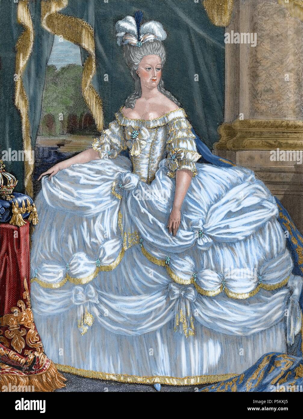 Maria Antonietta (1755-1793). Moglie di Luigi XVI e Regina di Francia (1774-92). Sin dall'inizio della rivoluzione francese era l'alto rappresentante dell'aristocrazia conservatrice. Il 16 ottobre 1793 è stato processato e condannato. Incisione colorata. Foto Stock