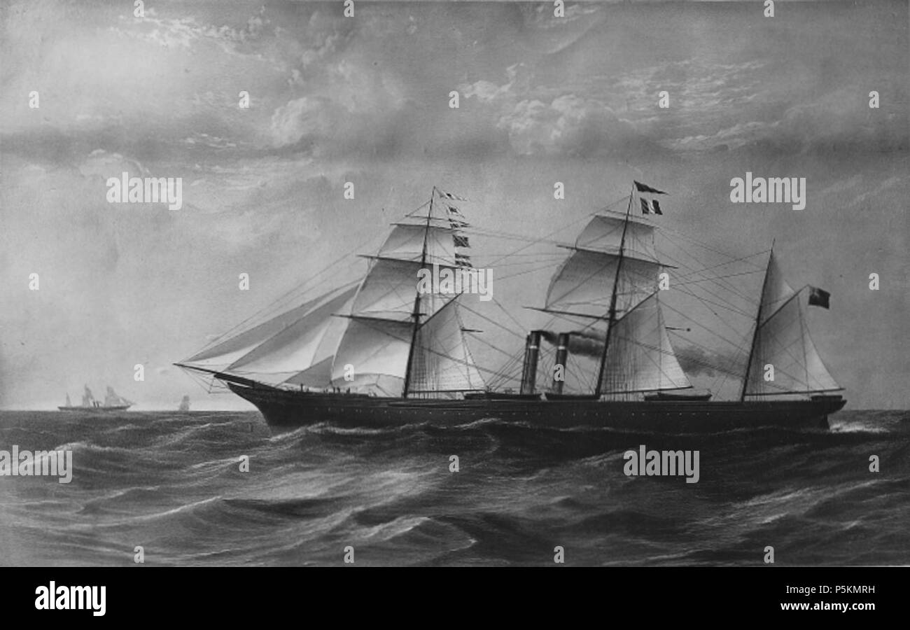 N/A. Inglese: Allan linea 1,764 TSL vela-sistema di cottura a vapore Canadian. 1904 litografia di una pittura 1855 da William Clarke. Sali di argento su vetro, gelatina dry plate processo, 20 × 25 cm. 1855, copiata per il sig. Allan, 1904. Wm. Notman & Figlio 266 SS canadese di la linea di Allan, 1855 Foto Stock