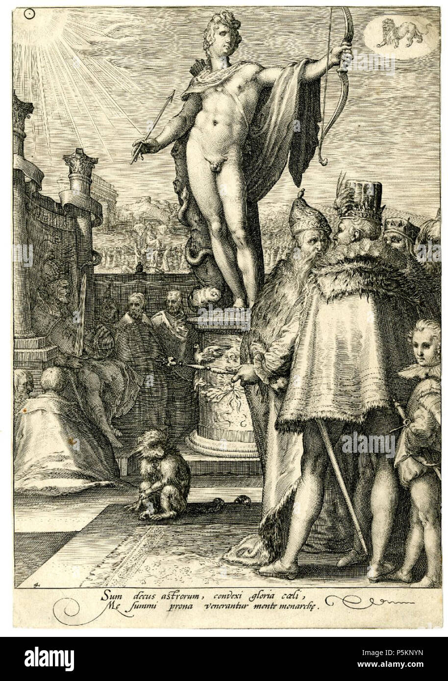 Apollo. Incisione raffigurante il dio greco Apollo come la personificazione del buon governo. Nell'angolo in alto a destra del segno zodiacale leone. La serie di sette pianeti. 1596. N/A 115 Apollo nach Goltzius Foto Stock